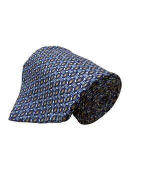 Perry Ellis Portfolio Mens Blue & Gold 100% Silk Geometric Pattern Necktie